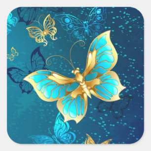 Golden Butterflies on a Blue Background Square Sticker
