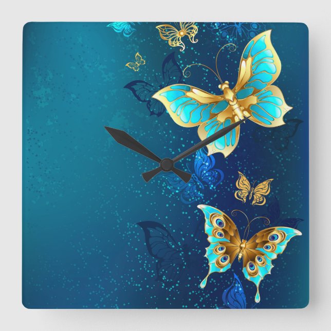 Golden Butterflies on a Blue Background Square Wall Clock (Front)