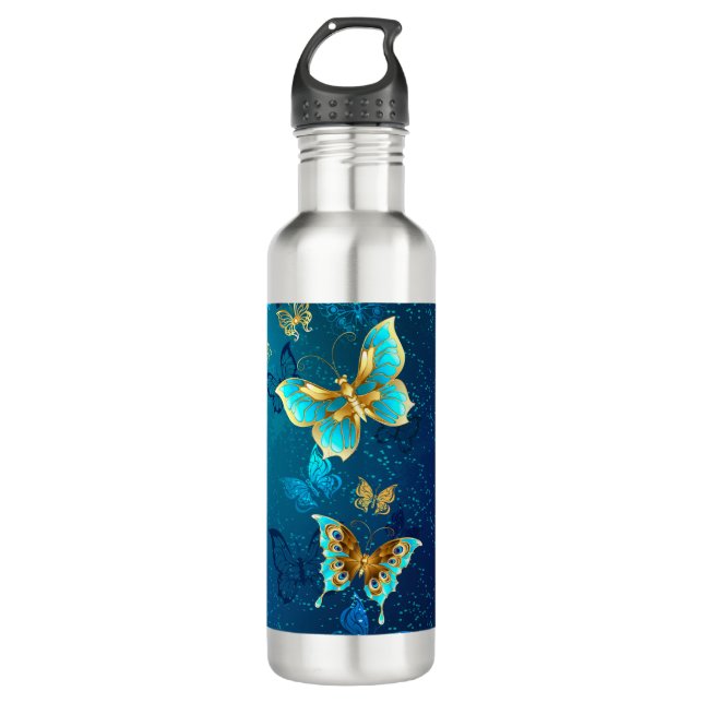 Golden Butterflies on a Blue Background Stainless Steel Water Bottle (Front)