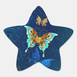 Golden Butterflies on a Blue Background Star Sticker
