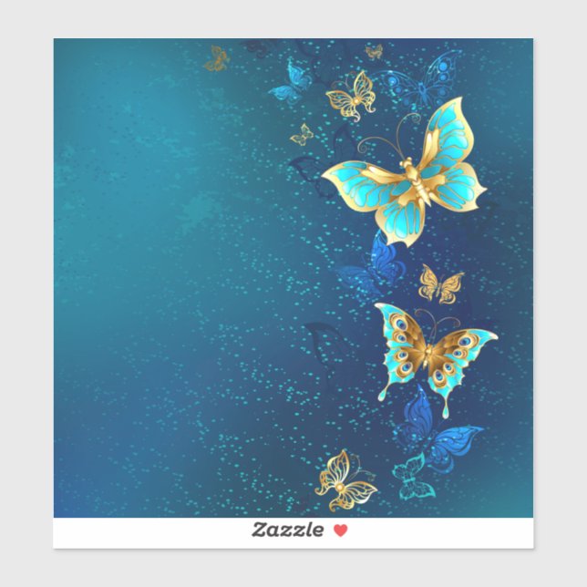 Golden Butterflies on a Blue Background Sticker (Sheet)