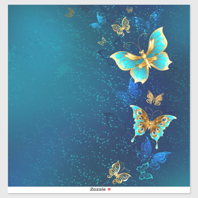 Golden Butterflies on a Blue Background Sticker (Sheet)