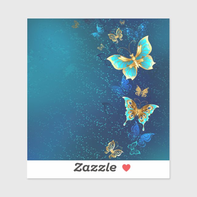 Golden Butterflies on a Blue Background Sticker (Sheet)