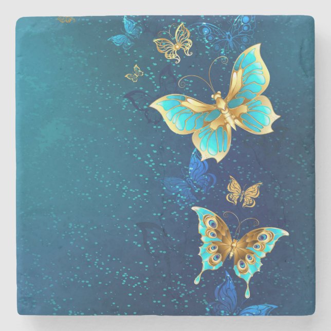 Golden Butterflies on a Blue Background Stone Coaster (Front)
