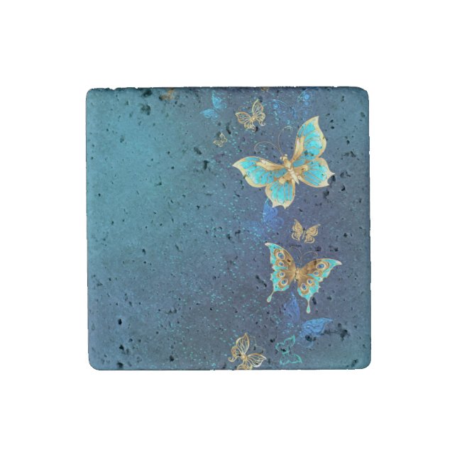 Golden Butterflies on a Blue Background Stone Magnet (Front)