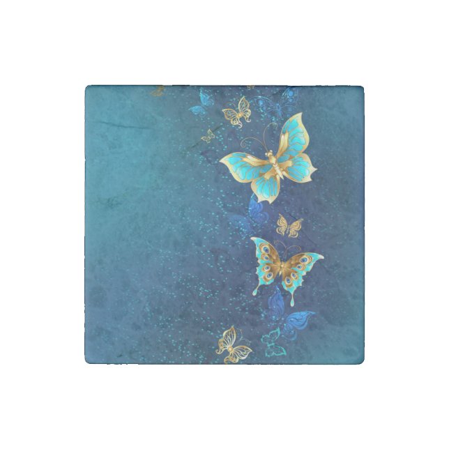 Golden Butterflies on a Blue Background Stone Magnet (Front)