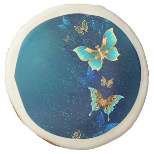 Golden Butterflies on a Blue Background Sugar Cookie