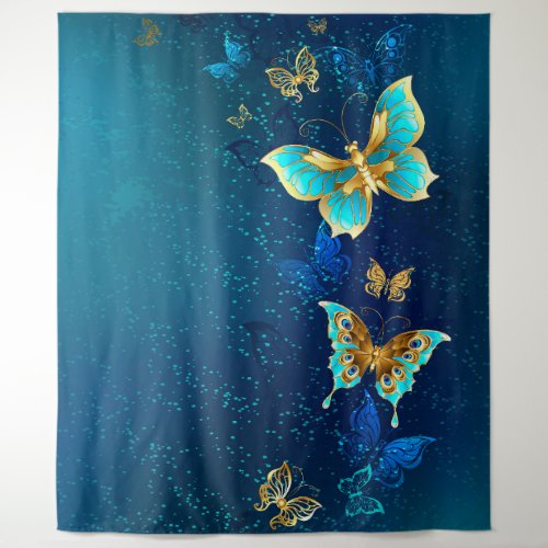 Golden Butterflies on a Blue Background Tapestry