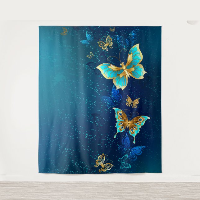 Golden Butterflies on a Blue Background Tapestry (Front)