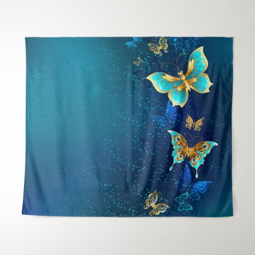 Golden Butterflies on a Blue Background Tapestry