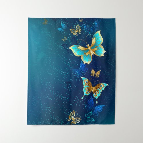 Golden Butterflies on a Blue Background Tapestry