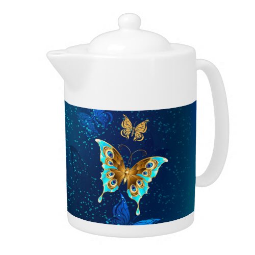 Golden Butterflies on a Blue Background Teapot