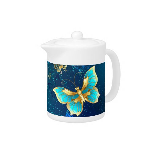 Golden Butterflies on a Blue Background Teapot