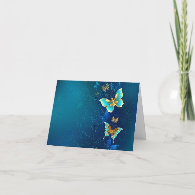 Golden Butterflies on a Blue Background Thank You Card (Front)
