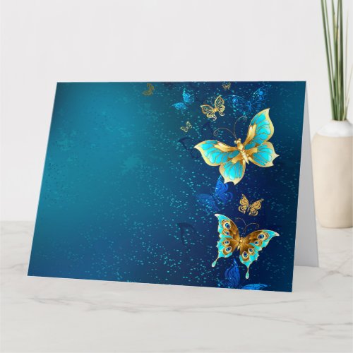Golden Butterflies on a Blue Background Thank You Card