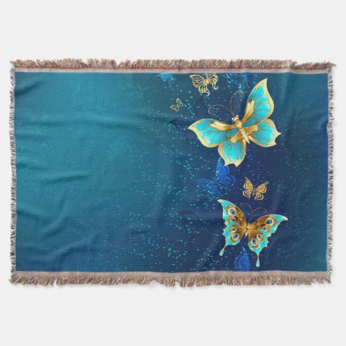 Golden Butterflies on a Blue Background Throw Blanket