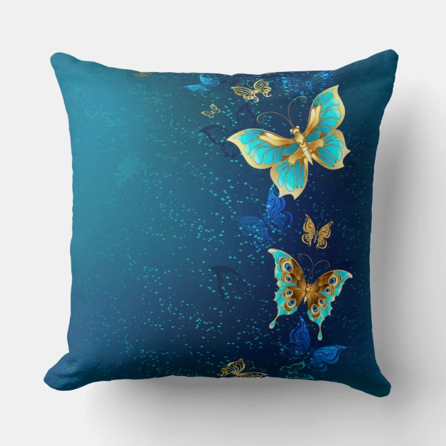 Golden Butterflies on a Blue Background Throw Pillow (Front)