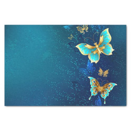 Golden Butterflies on a Blue Background Tissue Paper