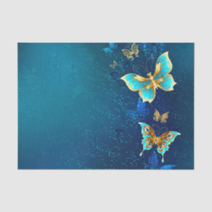 Golden Butterflies on a Blue Background Tissue Paper