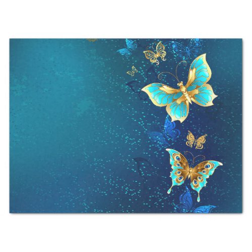 Golden Butterflies on a Blue Background Tissue Paper