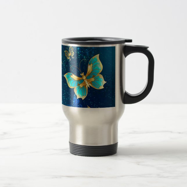 Golden Butterflies on a Blue Background Travel Mug (Right)