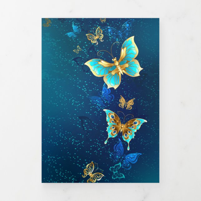 Golden Butterflies on a Blue Background Tri-Fold Card (Cover)