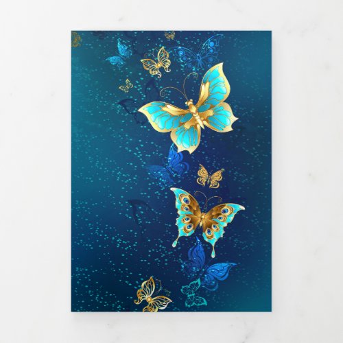 Golden Butterflies on a Blue Background Tri_Fold Invitation