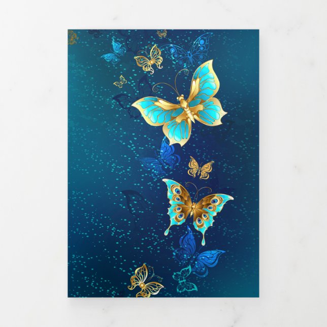 Golden Butterflies on a Blue Background Tri-Fold Invitation (Cover)