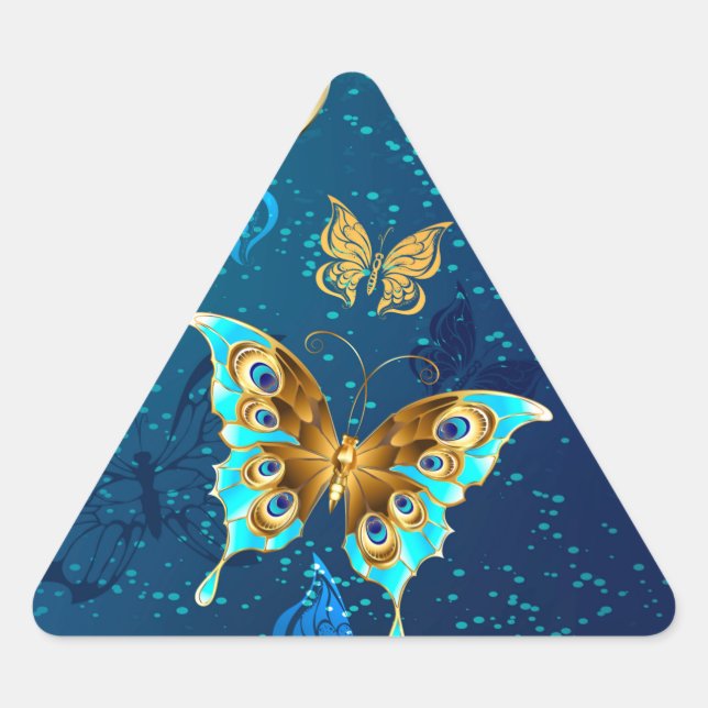 Golden Butterflies on a Blue Background Triangle Sticker (Front)
