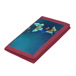 Golden Butterflies on a Blue Background Trifold Wallet