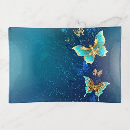 Golden Butterflies on a Blue Background Trinket Tray