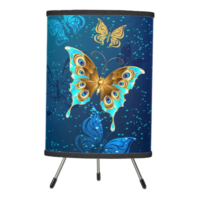 Golden Butterflies on a Blue Background Tripod Lamp (Front)