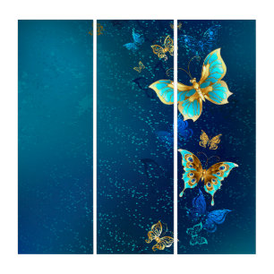 Golden Butterflies on a Blue Background Triptych