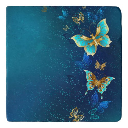 Golden Butterflies on a Blue Background Trivet