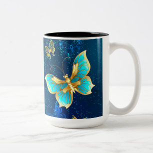 Golden Butterflies on a Blue Background Two-Tone Coffee Mug