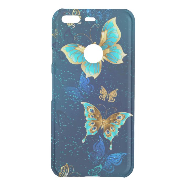 Golden Butterflies on a Blue Background Uncommon Google Pixel Case (Back)