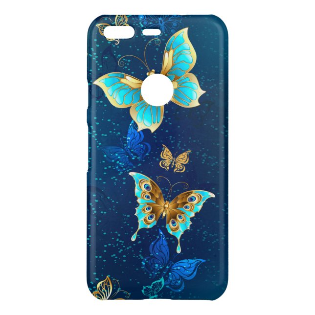 Golden Butterflies on a Blue Background Uncommon Google Pixel Case (Back)