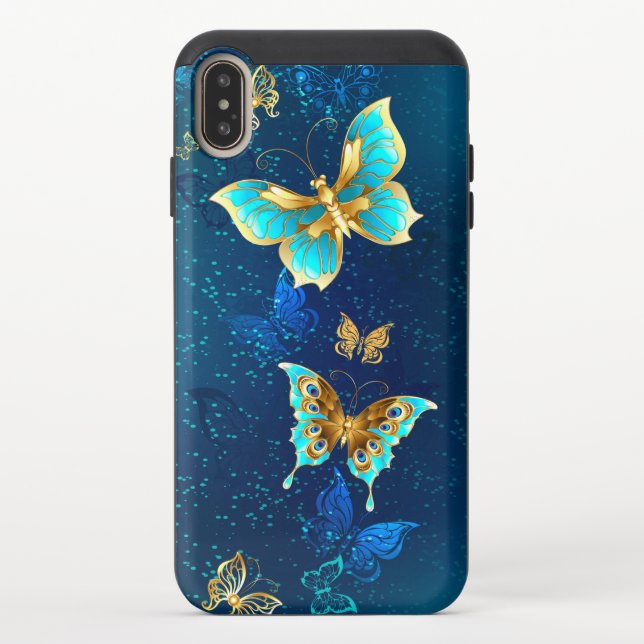 Golden Butterflies on a Blue Background Uncommon iPhone Case (Back)