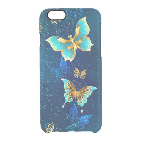 Golden Butterflies on a Blue Background Clear iPhone 66S Case