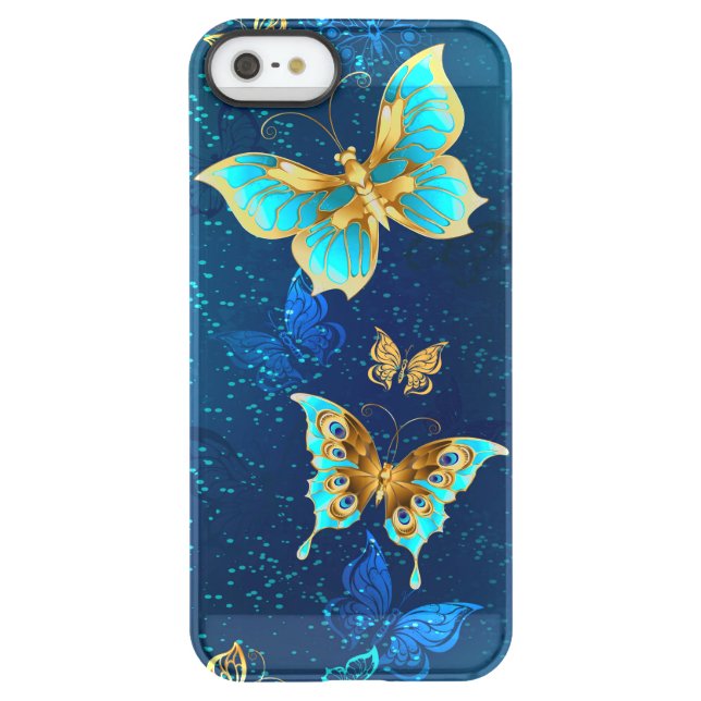 Golden Butterflies on a Blue Background Uncommon iPhone Case (Back)