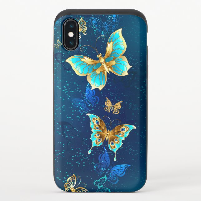 Golden Butterflies on a Blue Background Uncommon iPhone Case (Back)