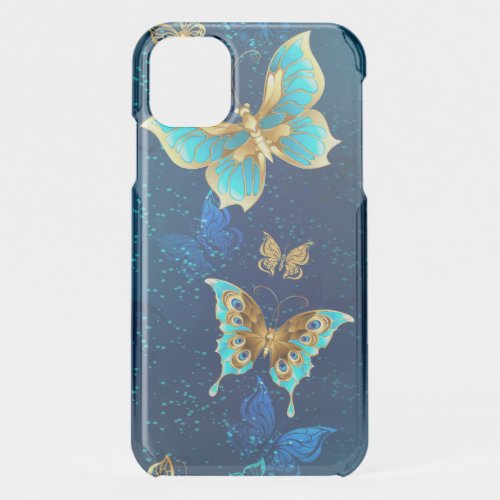 Golden Butterflies on a Blue Background iPhone 11 Case