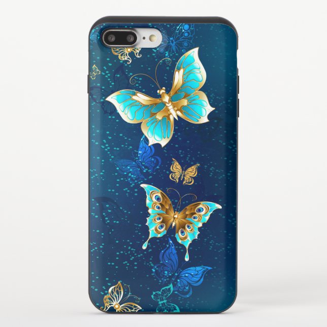 Golden Butterflies on a Blue Background Uncommon iPhone Case (Back)