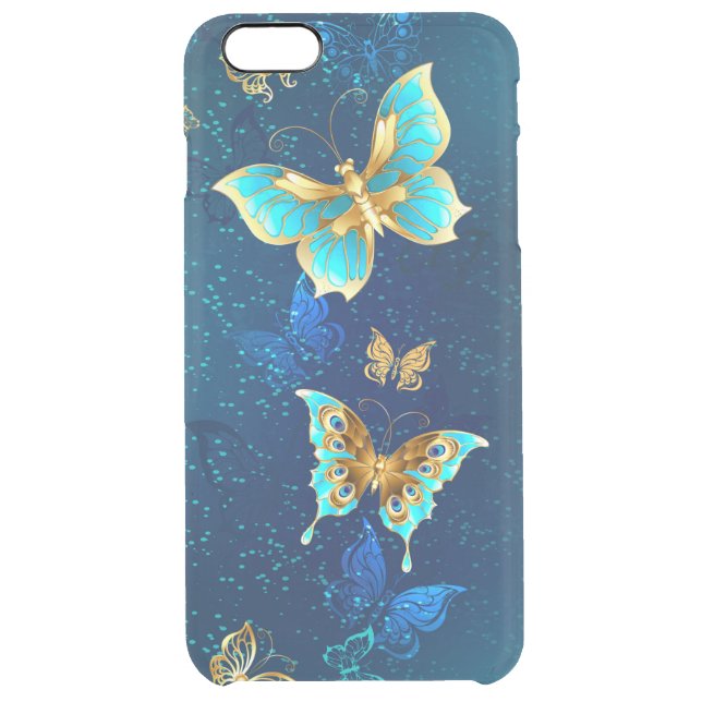 Golden Butterflies on a Blue Background Uncommon iPhone Case (Back)