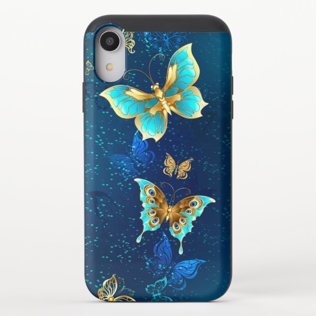 Golden Butterflies on a Blue Background Uncommon iPhone Case (Back)