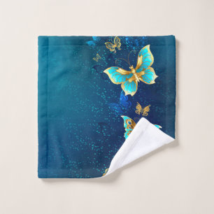 Golden Butterflies on a Blue Background Wash Cloth