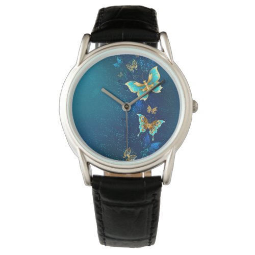 Golden Butterflies on a Blue Background Watch