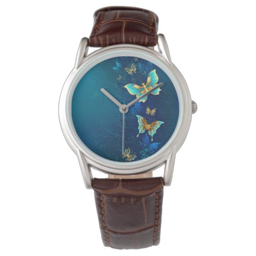 Golden Butterflies on a Blue Background Watch