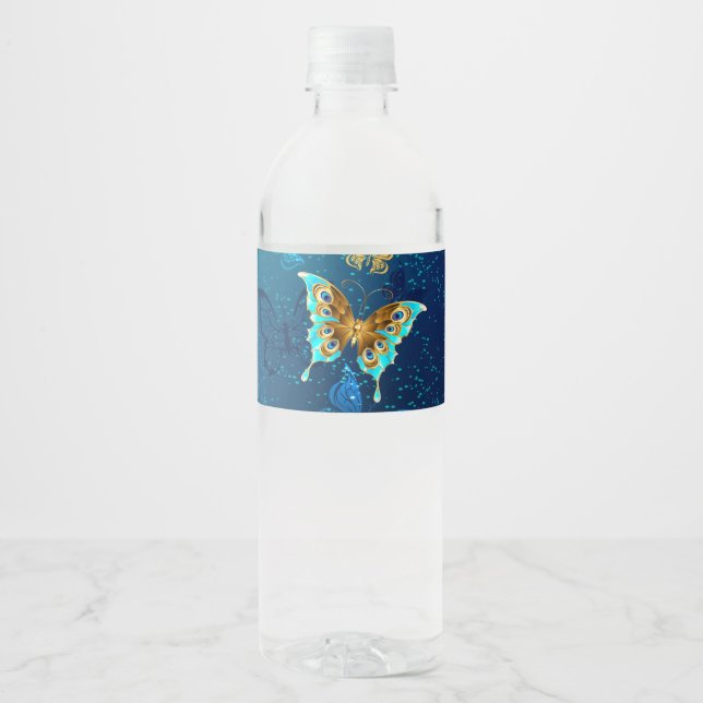 Golden Butterflies on a Blue Background Water Bottle Label (Front)