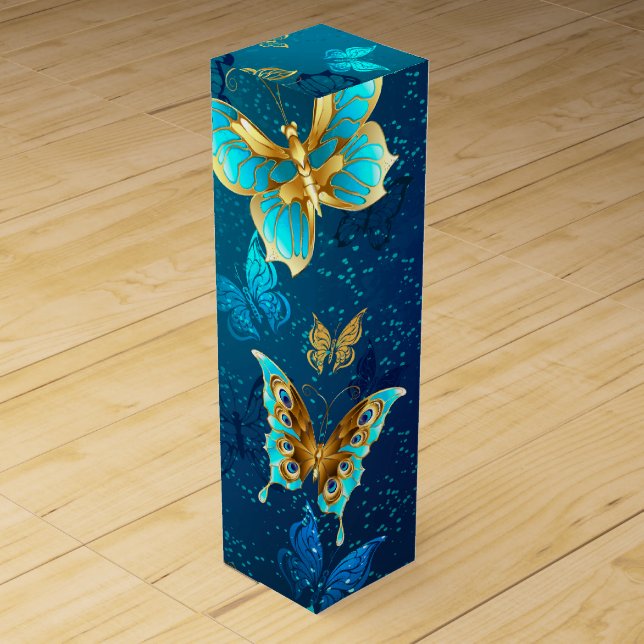 Golden Butterflies on a Blue Background Wine Box (Front)